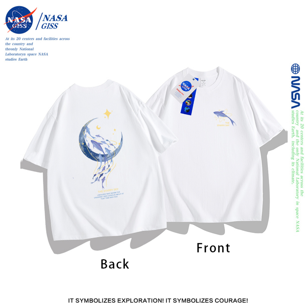 NASA เสื้อคู่แฟน เสื้อเกาหลี 2025เสื้อ summer ลายสองด้านพิมพ์ลาย คอกลม แนวโน้ม ผ้าฝ้ายแท้ เสื้อยืดผู้หญิง เสื้อยืดชาย