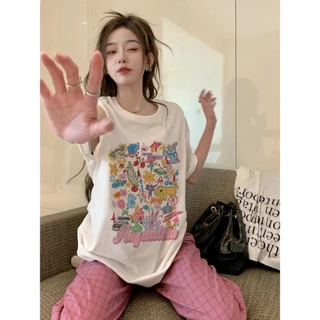 NASA เสื้อยืดแขนสั้น แฟชั่นหญิงเสื้อ summer สไตล์เกาหลี คอกลม ผ้าฝ้ายแท้ ลายการ์ตูนน่ารัก ทรงหลวม tshirt ระบายอากาศ