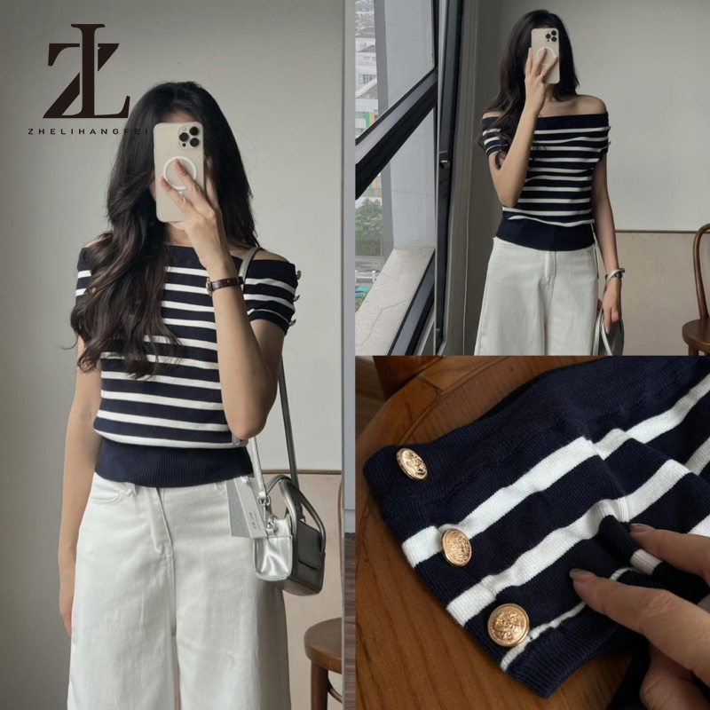 ZHELIHANGFEI เสื้อกล้ามถักลายทางสำหรับผู้หญิง สไตล์เซ็กซี่ แขนเปิดไหล่ ตกแต่งด้วยกระดุม Off Shoulder