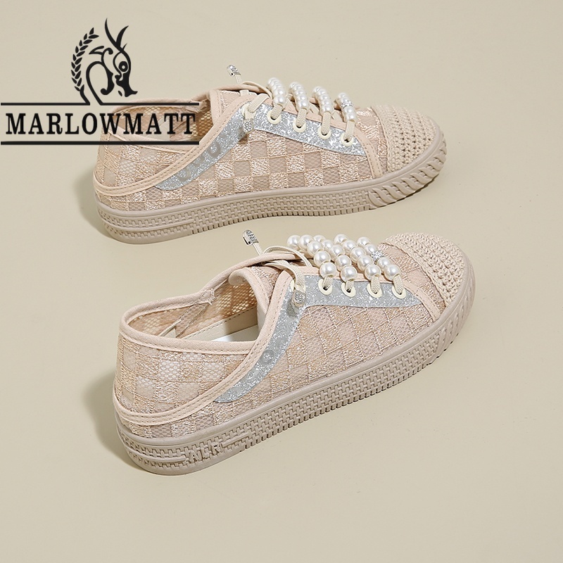 Marlowmatt รองเท้าผู้หญิงรองเท้าผ้าใบ Flat-Soled Breathable Lace Upper รองเท้าขี้เกียจ Pearl Laces
