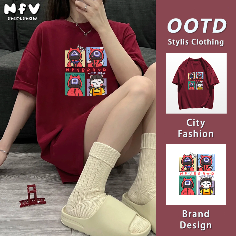 NFV มาใหม่💥เสื้อยืดคอกลมแขนสั้น สไตล์ig ลายสกรีนSquid Gameสี่ช่อง สุดน่ารักๆ cotton 100% YG613