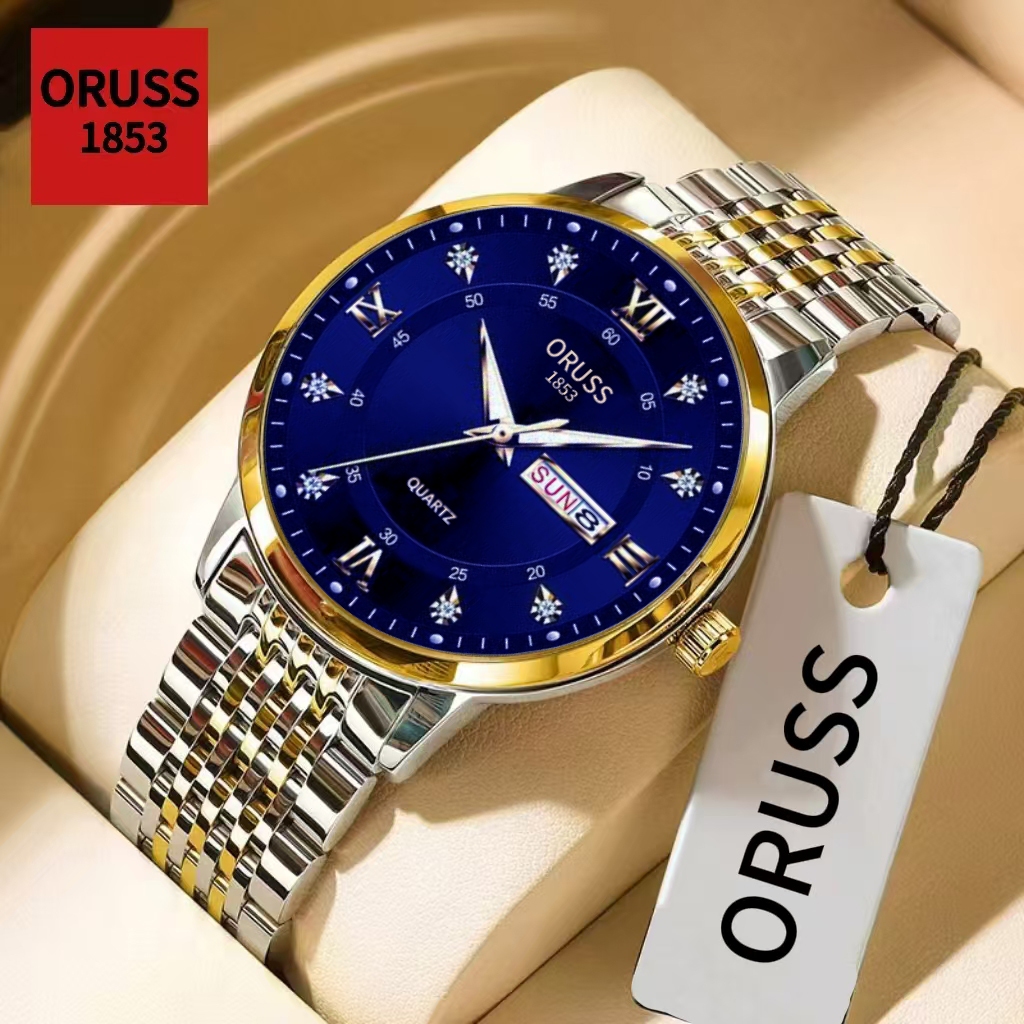 ORUSS Original Mens Dual Calendar Stainless Steel Luminous Luxury Waterproof Fashion Watch Business 