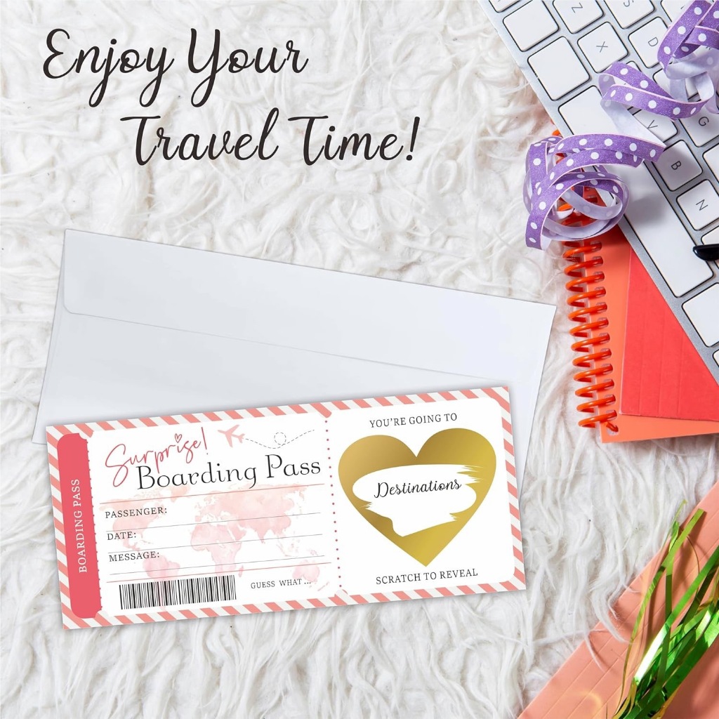 [Coisíní] 10 ชิ้น Surprise Boarding Pass ตั๋วของขวัญ DIY Scratch Off ชุดตั๋วเดินทางพร้อมซองจดหมาย Su