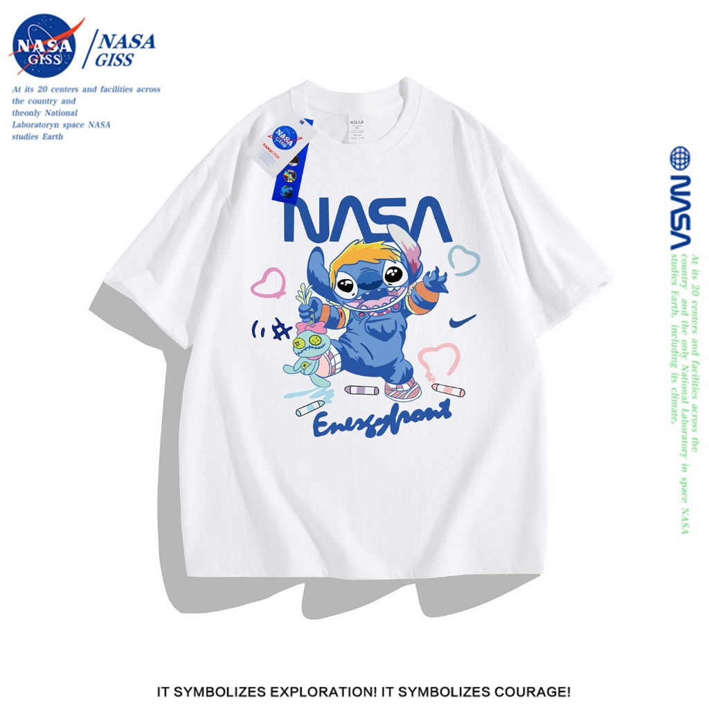 NASA เสื้อยืดหญิงชาย สไตล์อเมริกัน เสื้อ summer 2025 พิมพ์ลาย NASA ผ้าฝ้ายแท้ คอกลม ทรงหลวม ระบายอาก