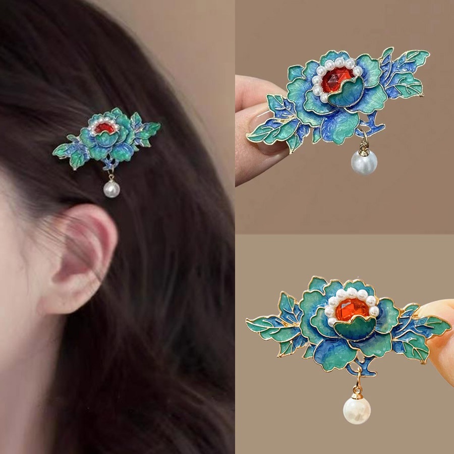 National Color Peony Retro Burnt ดอกไม้สีฟ้า Duckbill คลิปคลิปผมด้านบนพู่มุกอุปกรณ์เสริมผมคลิป