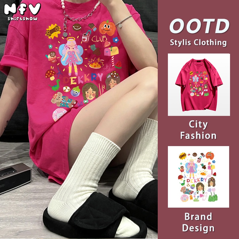 NFV เสื้อยืดแขนสั้น ลายการ์ตูนกราฟฟิตี สำหรับผู้หญิง แฟชั่นฤดูร้อน ขนาดใหญ่หลวม cotton100% YG760