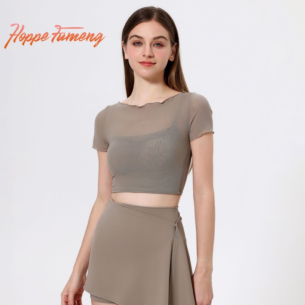 Hoppe Fumeng Fake 2 เสื้อแขนสั้นตาข่ายด้านนอกด้านข้างพร้อมเบาะด้านในสําหรับผู้หญิงชุดกีฬา