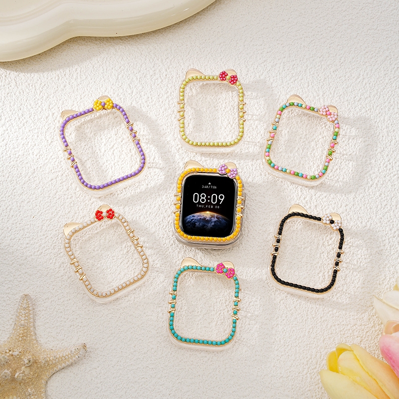 Cute Bow Pearl Rhinestone Protective Case for Apple Watch Series 11 10 9 8 7 6 5 4 Frame Cover for i