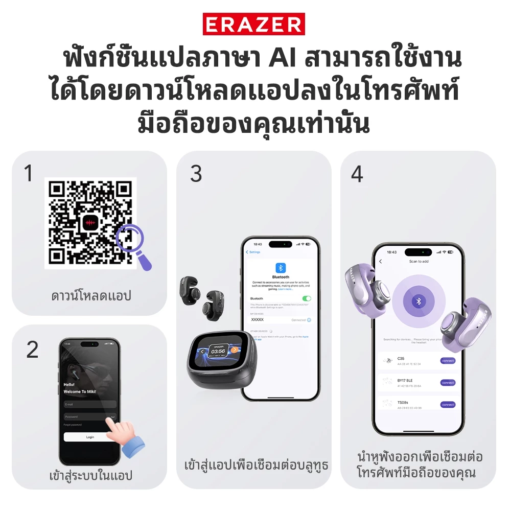ERAZER XF28 หูฟัง Clip-on Bluetooth 6.0 AI แปลภาษา มีไมค์ thumbnail 7