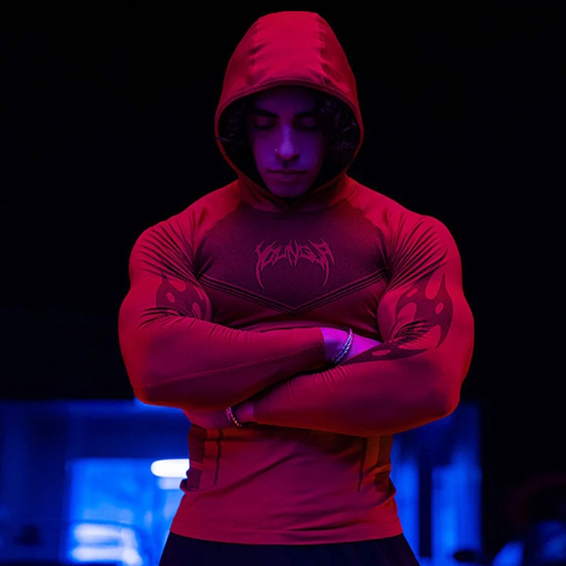 YOUNGLA เสื้อยืดแขนยาวผู้ชายมีฮู้ดยืดใหม่ - Slim Fit Gym & Running Training Top