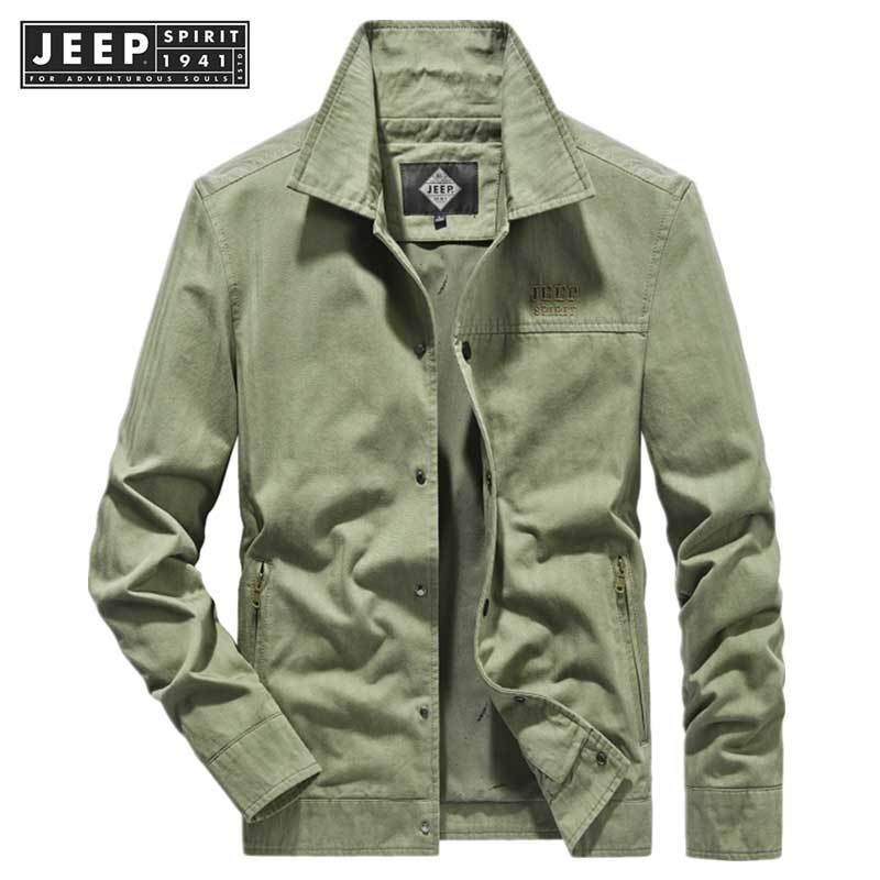 JEEP SPIRIT 1941 ESTD ฤดูใบไม้ผลิและฤดูใบไม้ร่วงผ้าฝ้ายแท้อเมริกันเสื้อผ้าผู้ชายวัยกลางคนสบายๆ