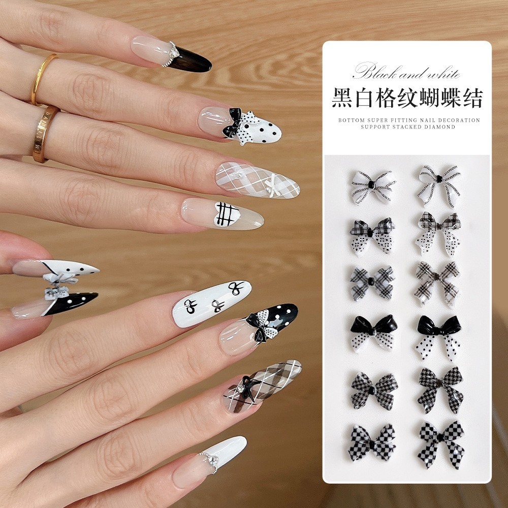 Rou Bao 50 ชิ้นเล็บผสมสีดําสีขาว Checkered Bow Girly เรซิ่นเล็บ Art DIY Charms ตกแต่ง