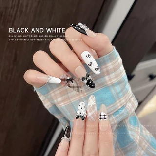 Rou Bao 50 ชิ้นเล็บผสมสีดําสีขาว Checkered Bow Girly เรซิ่นเล็บ Art DIY Charms ตกแต่ง