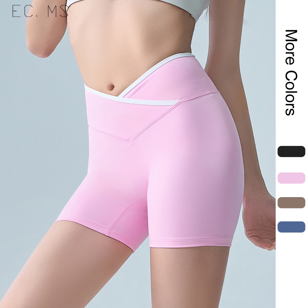 ผู้หญิงกีฬากางเกงขาสั้นสีปิดกั้น W/O กลางสาย Cross เอว 1/3 ความยาวขี่วิ่งโยคะ GYM กรีฑาร้อนสั้นกางเก