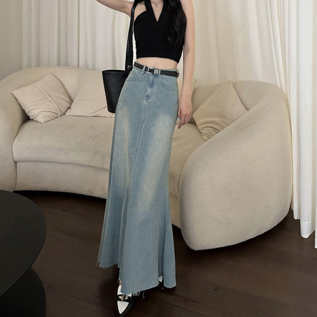 Laterme S-6XL กระโปรงยีนส์ย้อนยุคเอวสูงฤดูร้อน A-Line กระโปรงยาวหางปลาหญิง