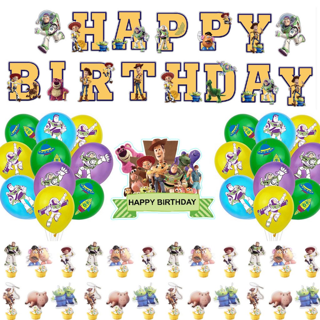 Toy Story Themed ตกแต่งงานเลี้ยงวันเกิดเด็กแบนเนอร์บอลลูนเค้ก Topper ชุดอุปกรณ์ปาร์ตี้