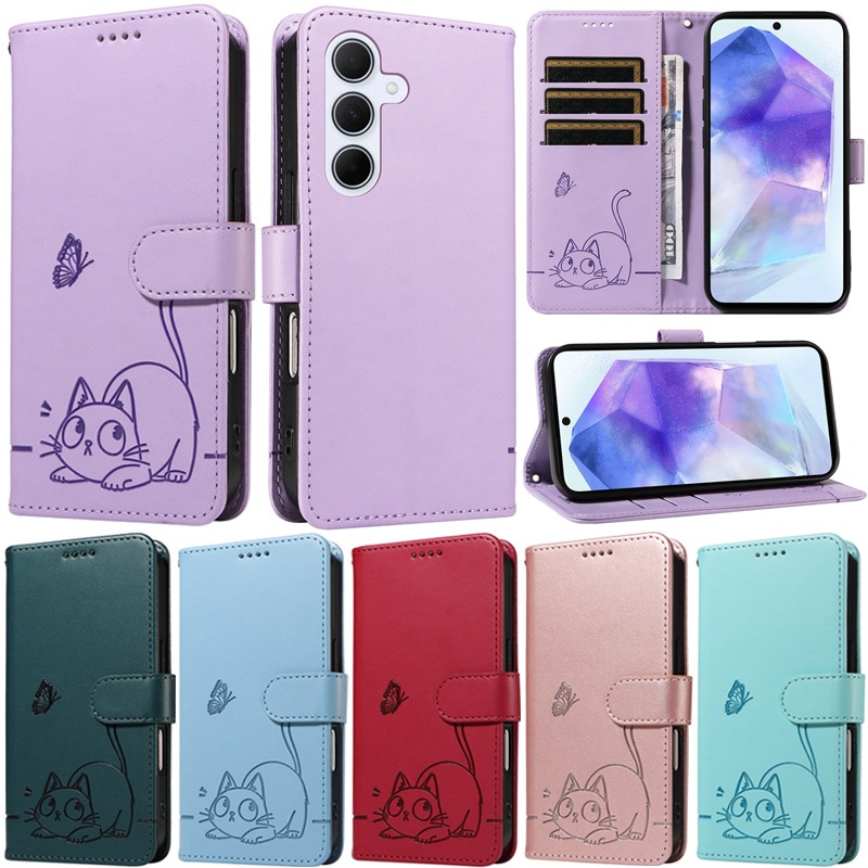 SAMSUNG หรูหราสําหรับSamsung Galaxy A56 5G A36 A26 A16 A06 A25 5G A15 A55 A35 A54 A34 A33 A53 A73 A23 M23 5Gผีเสื้อแมวกระเป๋าสตางค์บัตรหนังพลิกผิวกรณี