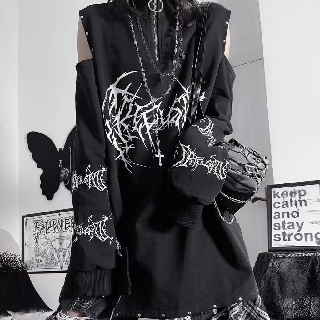 ญี่ปุ่น Sleepwalking Dark พิมพ์ Subculture Y2k Punk แขนยาวหลวมไหล่ซิปออกแบบเสื้อยืด Stand Up Collar Top