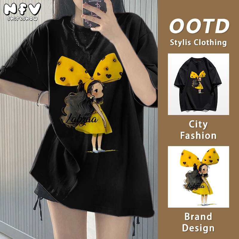 NFV เสื้อยืดคอกลมแขนสั้น cotton 100% เสื้อ oversize สีทึบ ใส่สบาย ระบายอากาศ โบว