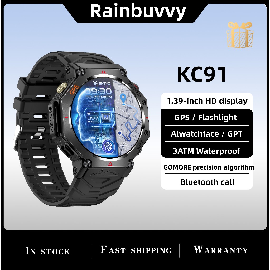 GPS สมาร์ทวอท์ช AI voice assistant GPT 3ATM กันน้ํา 1.39 นิ้วนาฬิกา 530mAh อายุการใช้งานแบตเตอรี่ 7-10 วันสําหรับ IOS Android Rainbuvvy KC91
