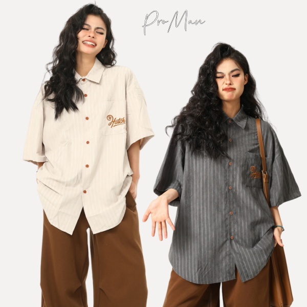 ProMan-เสื้อวินเทจสไตล์อเมริกัน  ลายเส้นแนวตั้ง  กระเป๋า  พิมพ์ลายตัวอักษร  ชุดคู่รัก  คลาสสิกแมทช์ลุคง่าย