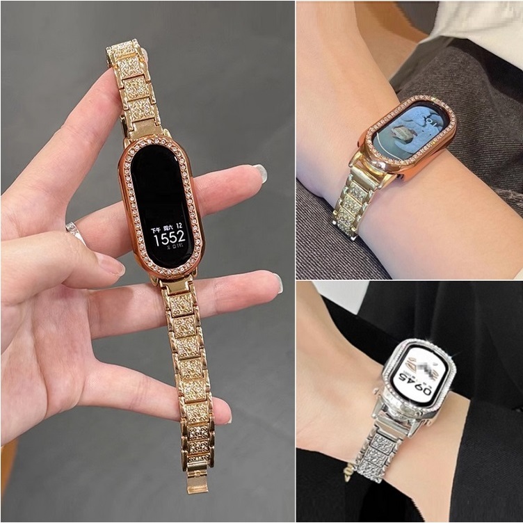 Bling Full Diamond Strap Case For mi band 9 Strap Beads สาย mi band 9 Case Smart Band 9 Strap Replac