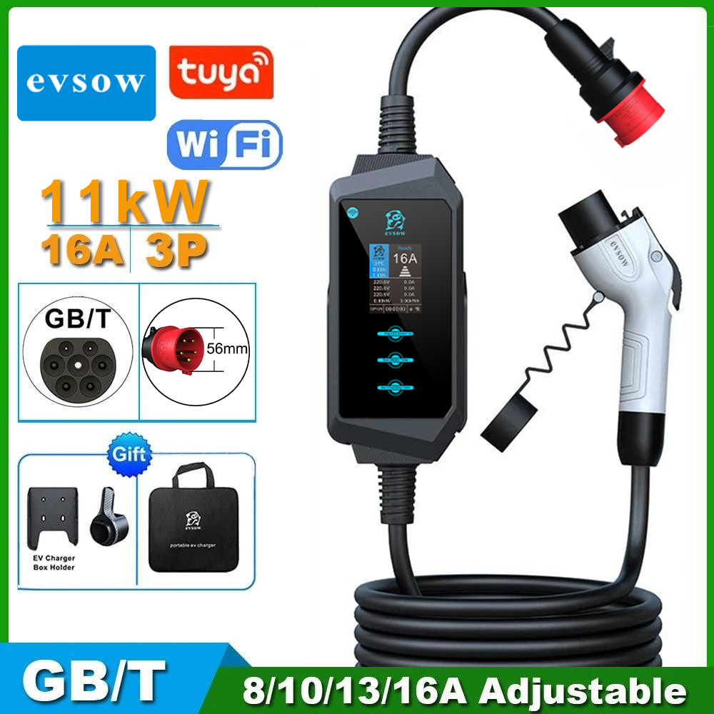 Evsow Tuya WIFI EV Charger GBT 11KW 16A แบบพกพาไฟฟ้า Car Charger 3 เฟส EV สายชาร์จ GBT EV Charger St