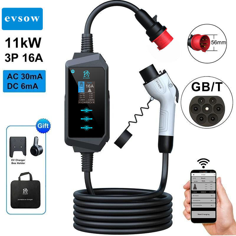 Evsow Tuya WIFI EV Charger GBT 11KW 16A แบบพกพาไฟฟ้า Car Charger 3 เฟส EV สายชาร์จ GBT EV Charger St