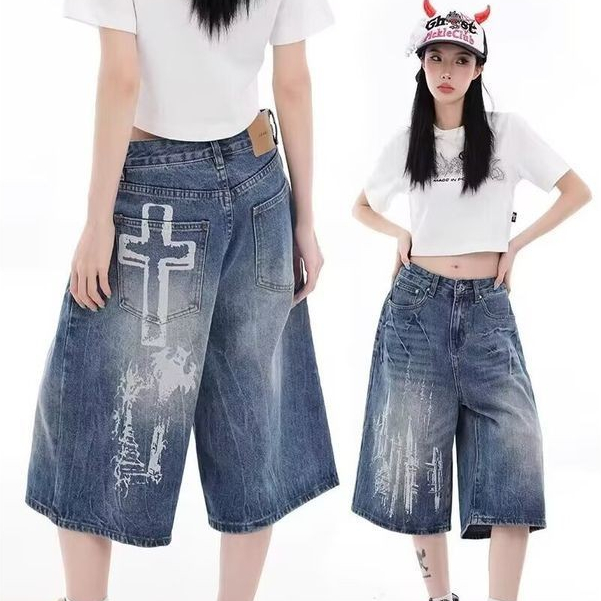 EERSHENSHI Cropped Pants กางเกงยีนส์น้ําล้าง Hole กางเกงขาสั้นแฟชั่นแห่งชาติ Artistic อเนกประสงค์แฟชั่นใหม่