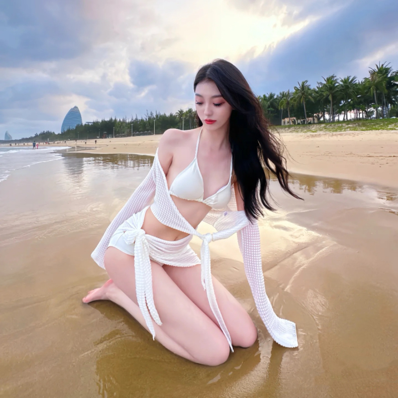 💖 ส่งไวจากไทย🏖️ ชุดว่ายน้ำ 4 ชิ้น ผู้หญิง สไตล์เกาหลี เซ็กซี่ บิกินี่ แขนยาว + กระโปรง ใส่เที่ยวทะเล - รูปที่ 6