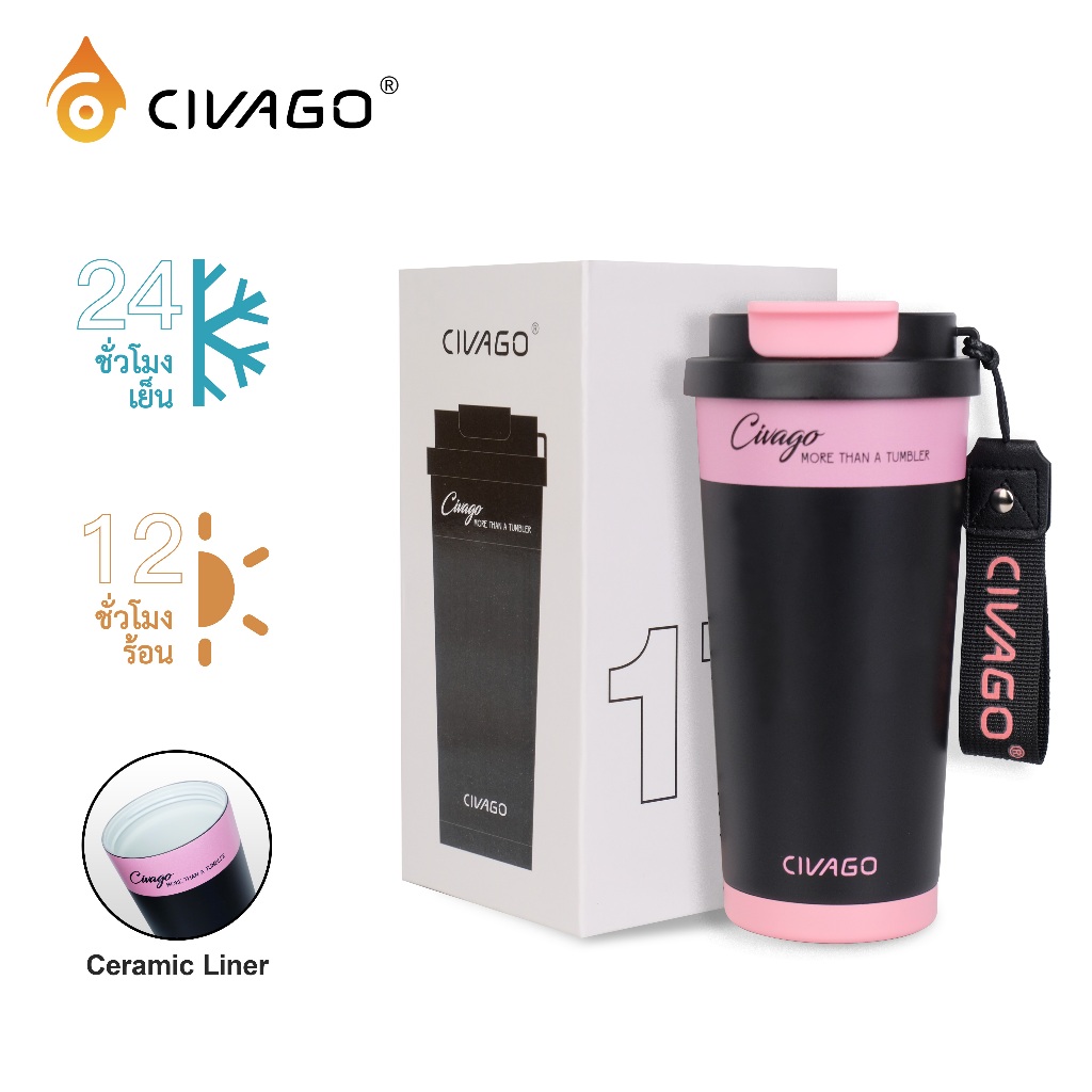 CIVAGO（17oz/510ml）แก้วกาแฟเคลือบเซรามิกพร้อมฝาปิดแบบ 2 ชั้น ยกดื่มได้เหมาะสำหรับเก็บเครื่องดื่มร้อนและเย็น