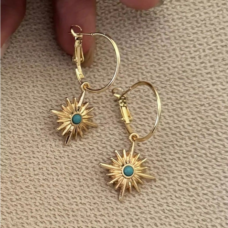 [GG] ต่างหูเทอร์ควอยซ์สีน้ําเงินดอกทานตะวันอุปกรณ์เสริมสุภาพสตรี