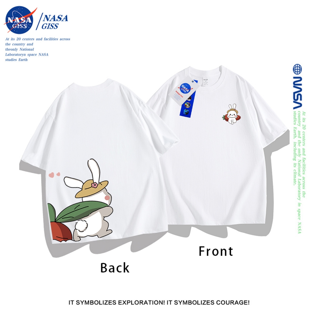 NASA เสื้อยืดหญิงชาย ผ้าฝ้ายแท้ แนวสตรีท เสื้อ summer กระต่ายดึงแครอทพิมพ์ลาย เสื้อยืดคอกลม ทรงหลวม ระบายอากาศ