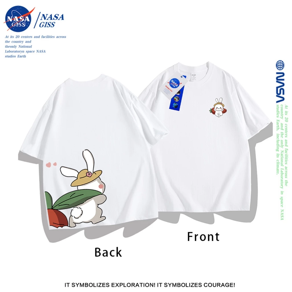 NASA เสื้อยืดหญิงชาย ผ้าฝ้ายแท้ แนวสตรีท เสื้อ summer กระต่ายดึงแครอทพิมพ์ลาย เสื้อยืดคอกลม ทรงหลวม ระบายอากาศ