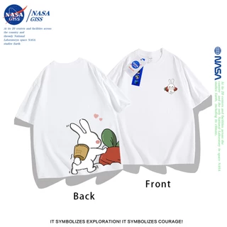 NASA เสื้อยืดหญิงชาย ผ้าฝ้ายแท้ แนวสตรีท เสื้อ summer กระต่ายดึงแครอทพิมพ์ลาย เสื้อยืดคอกลม ทรงหลวม ระบายอากาศ