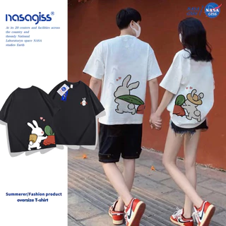 NASA เสื้อยืดหญิงชาย ผ้าฝ้ายแท้ แนวสตรีท เสื้อ summer กระต่ายดึงแครอทพิมพ์ลาย เสื้อยืดคอกลม ทรงหลวม ระบายอากาศ