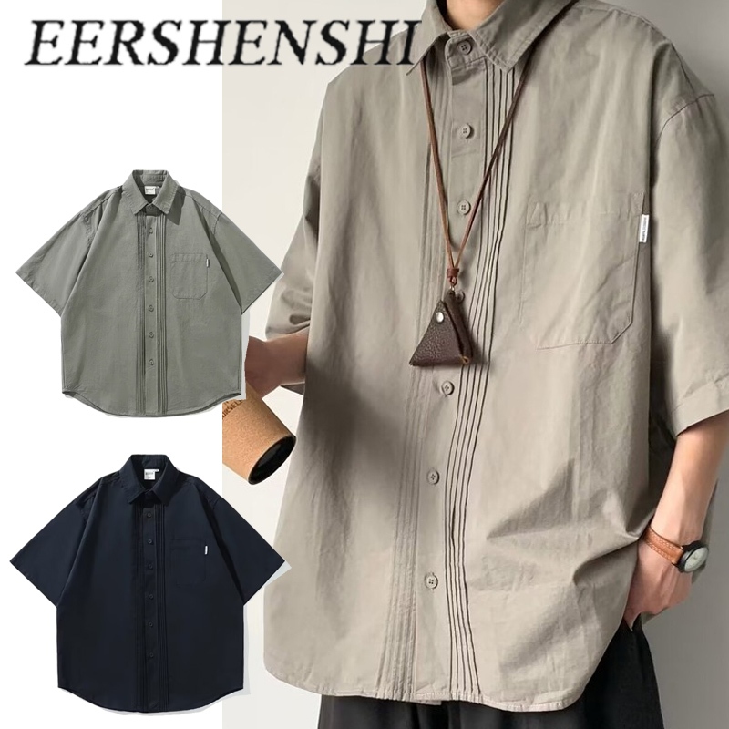 Eershenshi เสื้อเชิ้ตแขนสั้นมีกระเป๋าสําหรับใส่ทํางานในช่วงฤดูร้อนสไตล์ย้อนยุคสไตล์ญี่ปุ่นสําหรับผู้ชาย