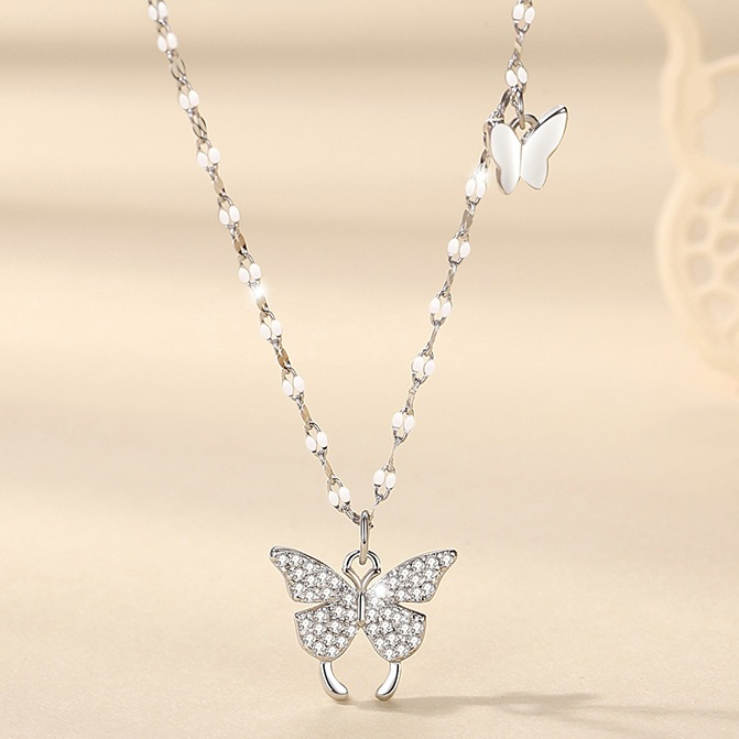 เงินแท้ 999 ผีเสื้อเงินสเตอร์ลิงสร้อยคอ Rhinestone ฝังหญิงแฟชั่นสไตล์หรูหราสร้อยคอเงินหญิง All-Match