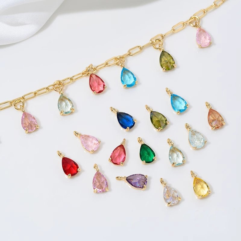 จี้เสน่ห์หยดน้ําเพทายสีสันสดใส, ต่างหู DIY ชุบทองทองแดง 14K, อุปกรณ์สร้อยคอซัพพลาย
