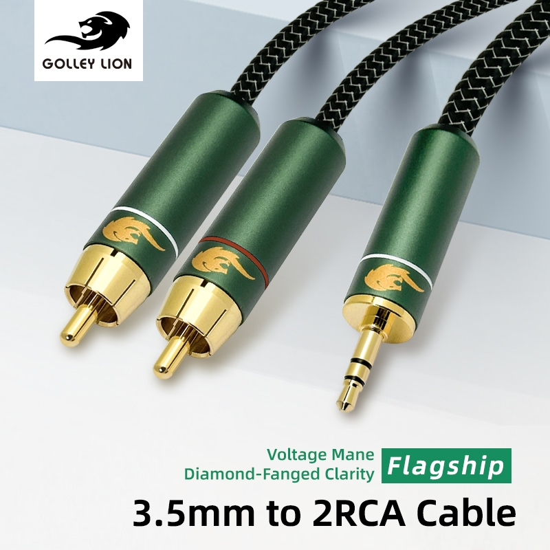GOLLEY LION สายสัญญาณเสียง RCA 3.5 มม. ถึง 2, ทองแดงชุบเงิน, เสียงสเตอริโอ Hi-Fi สําหรับโฮมเธียเตอร์/เครื่องเสียงรถยนต์