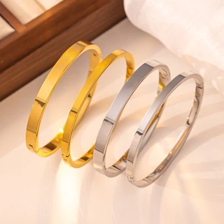 HT แฟชั่นที่เรียบง่ายธรรมดาวงกลมสร้อยข้อมือแบนผู้ชายผู้หญิงสร้อยข้อมือสแตนเลสเครื่องประดับ
