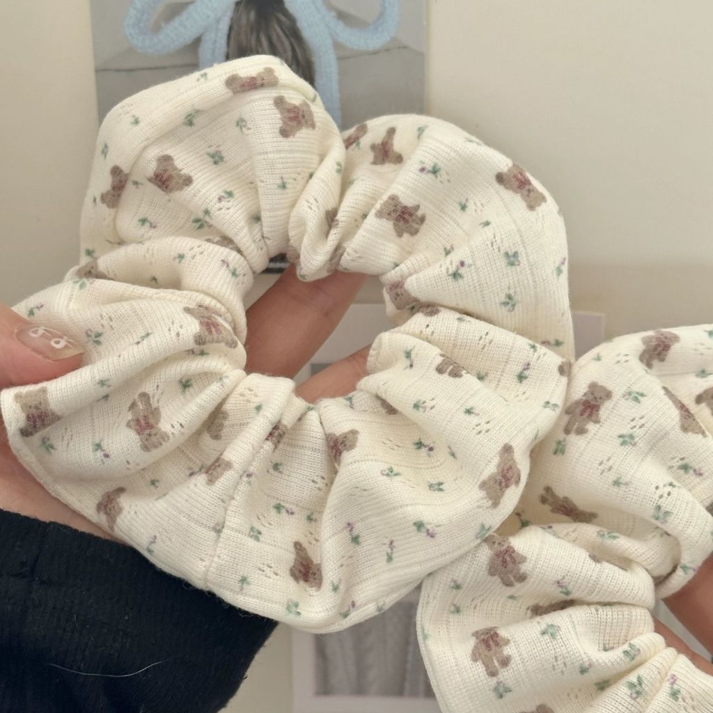 เกาหลีพิมพ์สีฟ้าโบว์สไตล์ผูกผมลําไส้ใหญ่การ์ตูนหมีเชือกผมเครื่องประดับผม