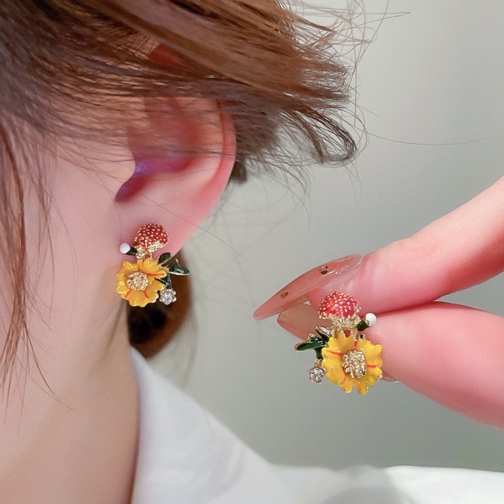 [GG] s925 Silver Needle Oil Dripping Diamond Flower ต่างหูขนาดเล็กสดหวานต่างหูต่างหูสไตล์ ins