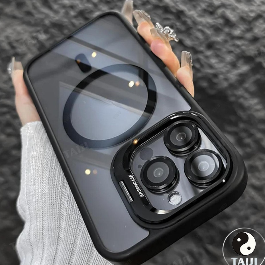 TAIJIโปร่งใสพร้อมที่วางโทรศัพท์และตัวป้องกันเลนส์ เคส เข้ากันได้สำหรับ เคสไอโฟน Case Compatible for iPhone 16 15 14 13 12 11 Pro Max Plus