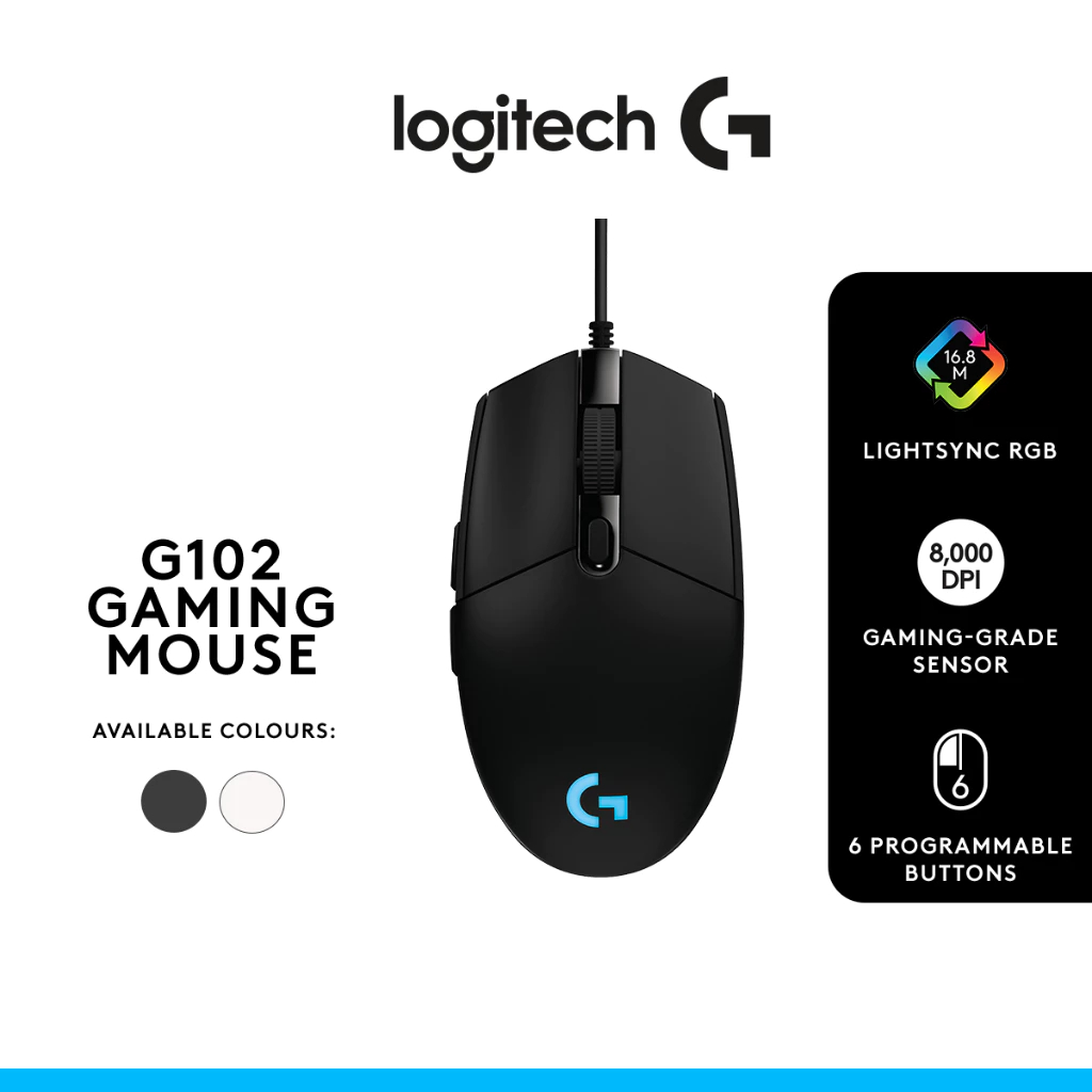 Logitech G102 LIGHTSYNC Gaming Mouse (Black) 8,000 DPI (เมาส์เกมมิ่ง พร้อมไฟ RGB)