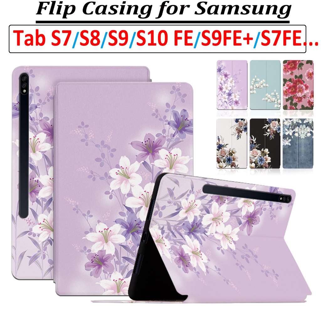 SAMSUNG เคสหนัง PU ลายดอกไม้ กันเหงื่อ สําหรับ Galaxy Tab S7/S8/S9/S10 FE 12.4"/S10 Lite/S7+/S8+/S9+