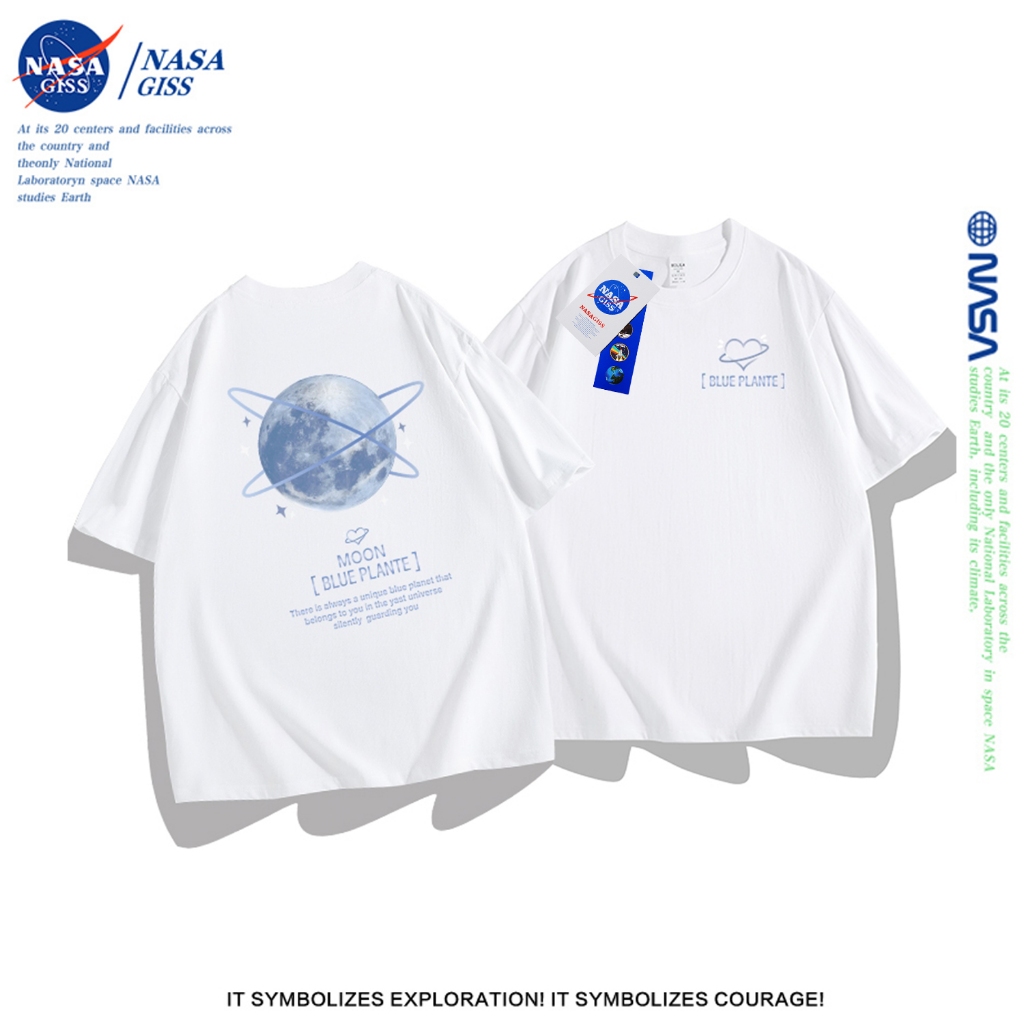 NASA เสือยืดผู้ชายผู้หญิง แนวสตรีท 2025 เสื้อ summer ดาวเคราะห์ สองด้านพิมพ์ลาย ผ้าฝ้ายแท้ เท่ๆ ทรงหลวม เสื้อยืดคอกลม