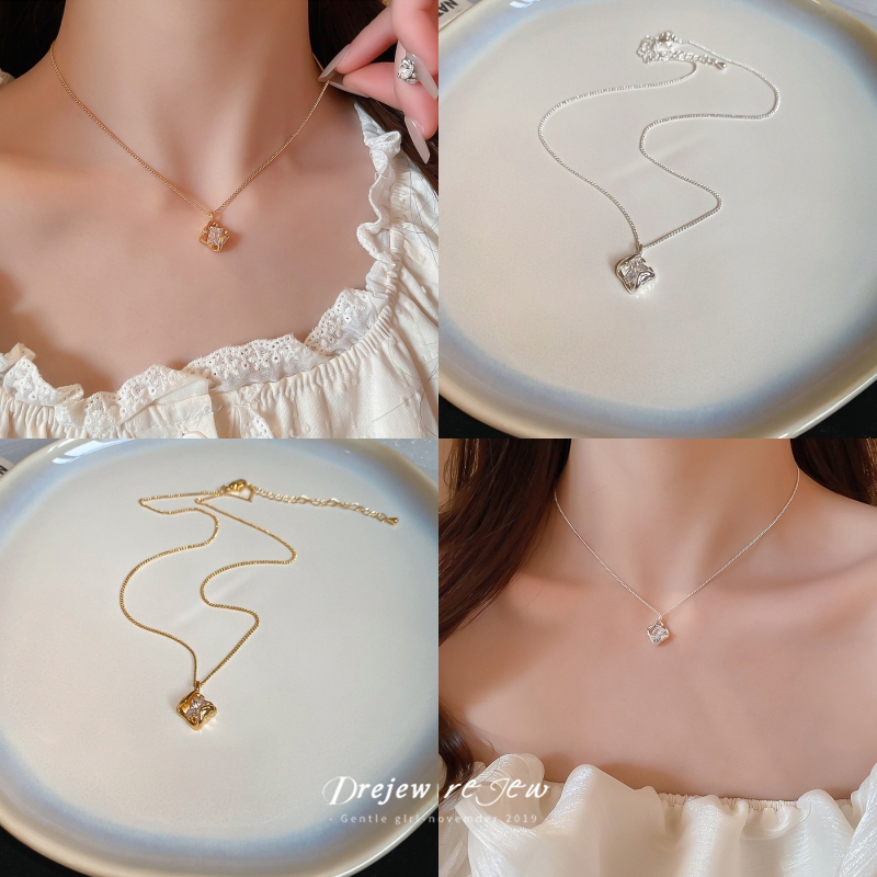DREJEW 18k ทองแท้เคลือบด้วยไฟฟ้า zircon สร้อยคอสี่เหลี่ยมกลวงหรูหรา high-end clavicle chain retro niche สร้อยคออเนกประสงค์