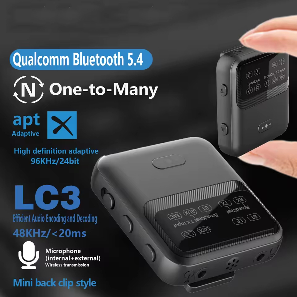 บลูทูธ 5.4 เครื่องรับสัญญาณเสียงเครื่องส่งสัญญาณ aptX-LL/HD/AD LC3 Auracast LE อะแดปเตอร์เสียง 2 IN 1 เพลงสเตอริโอไร้สายพร้อมไมโครโฟน