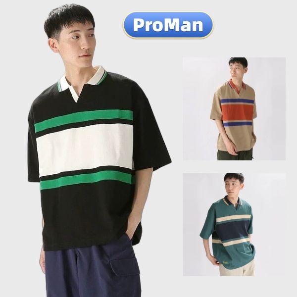 🌟ProMan🌟เสื้อโปโลผู้ชาย  ปกพับ  มีสไตล์  ลำลอง  แขนสั้นลายทาง